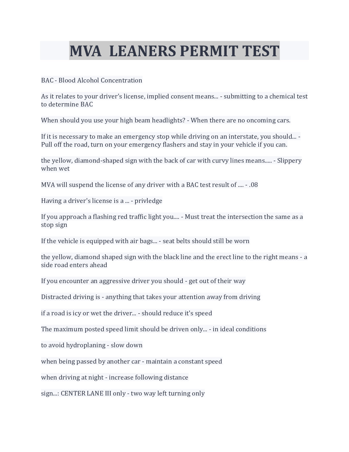 Preview image for MVA  LEANERS PERMIT TEST 100% CORRECT